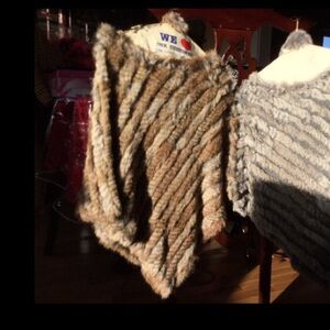 Rabbit Fur Poncho Shawl Pullover, Tan Brown Multicolor